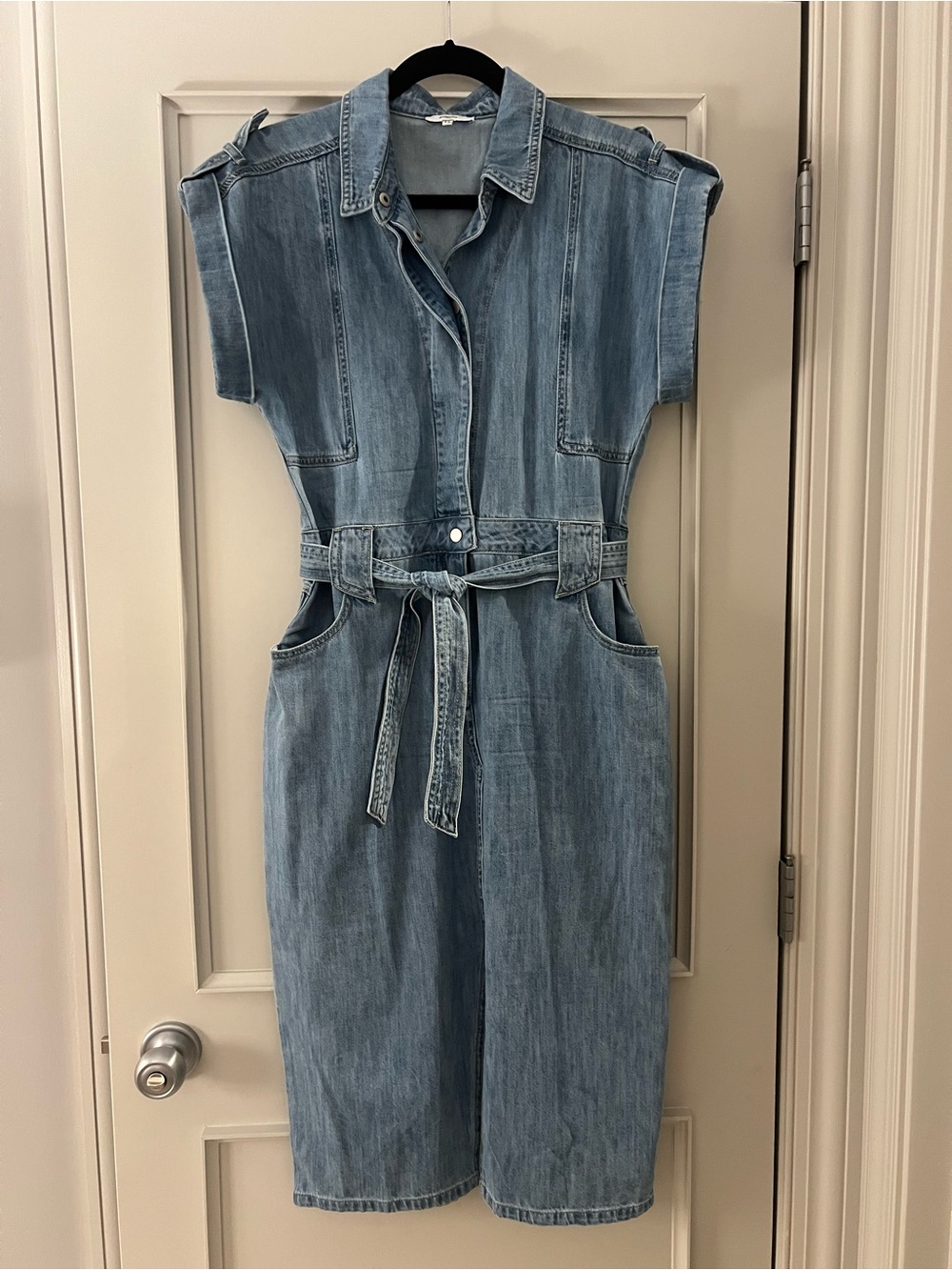 SUNCOO Light Blue Denim Midi Dress with Self-Tie Belt